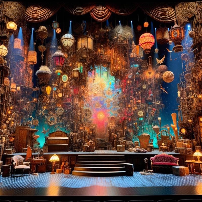 Stage with creatively transformed props and dramatic lighting.