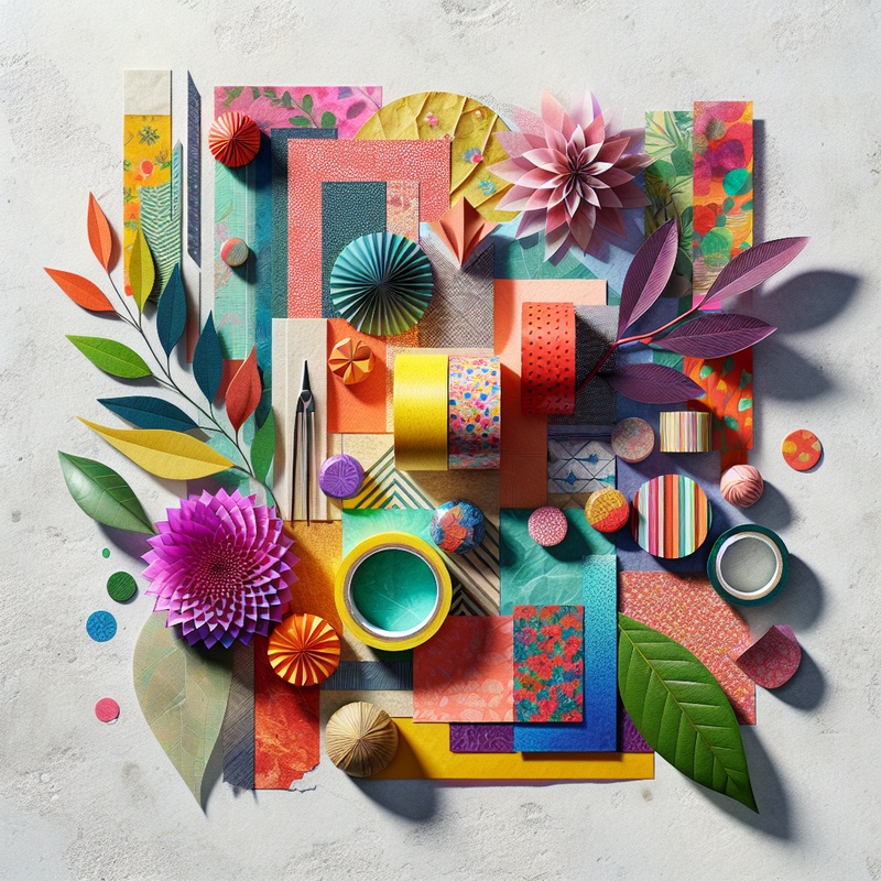 A colorful collage with tissue paper, washi tape, leaves, and flowers on a textured background.