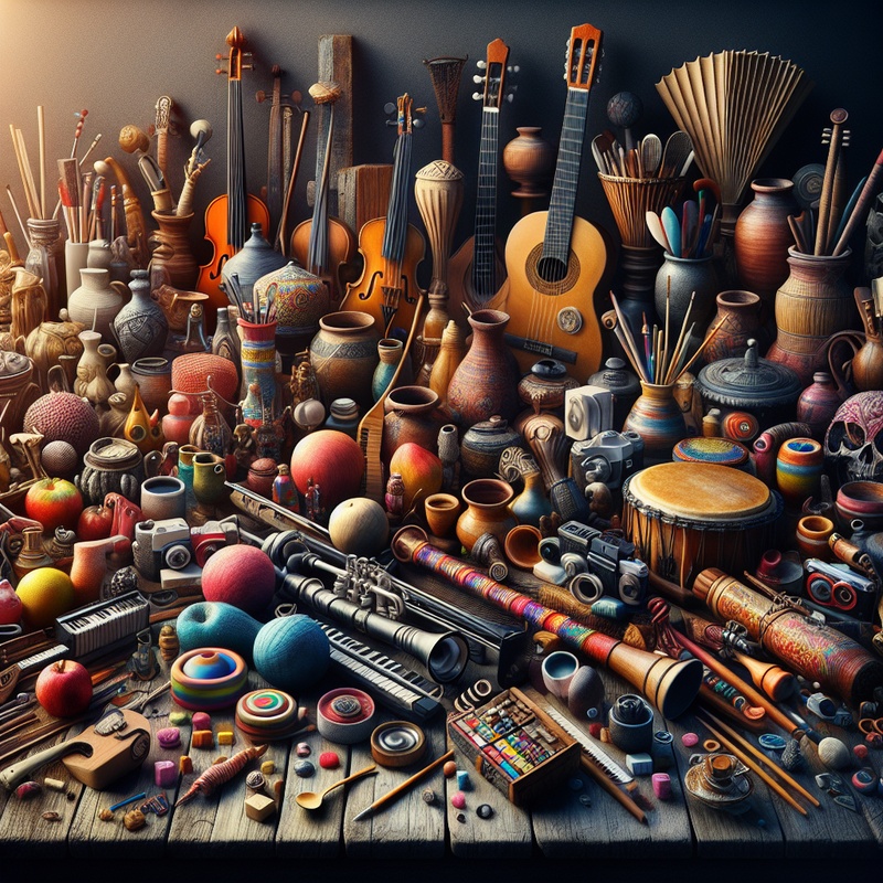 Musical instruments and everyday objects on a table in sunlight.