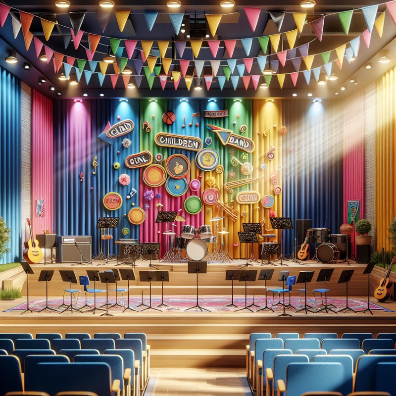 School auditorium with musical instruments on stage and colorful decorations.