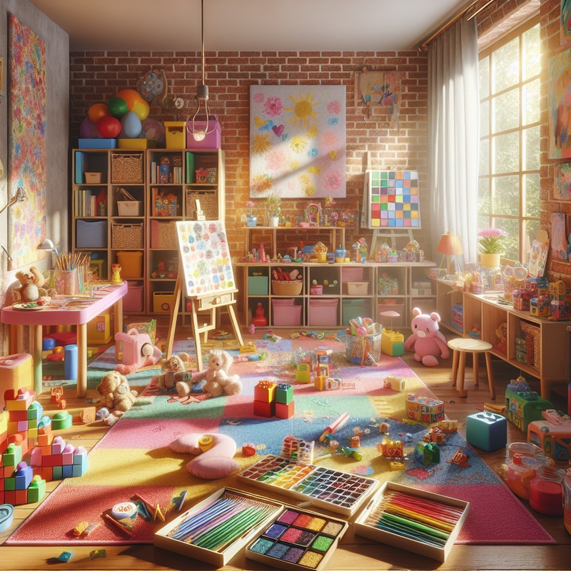 A bright playroom with various toys and art supplies in natural light.