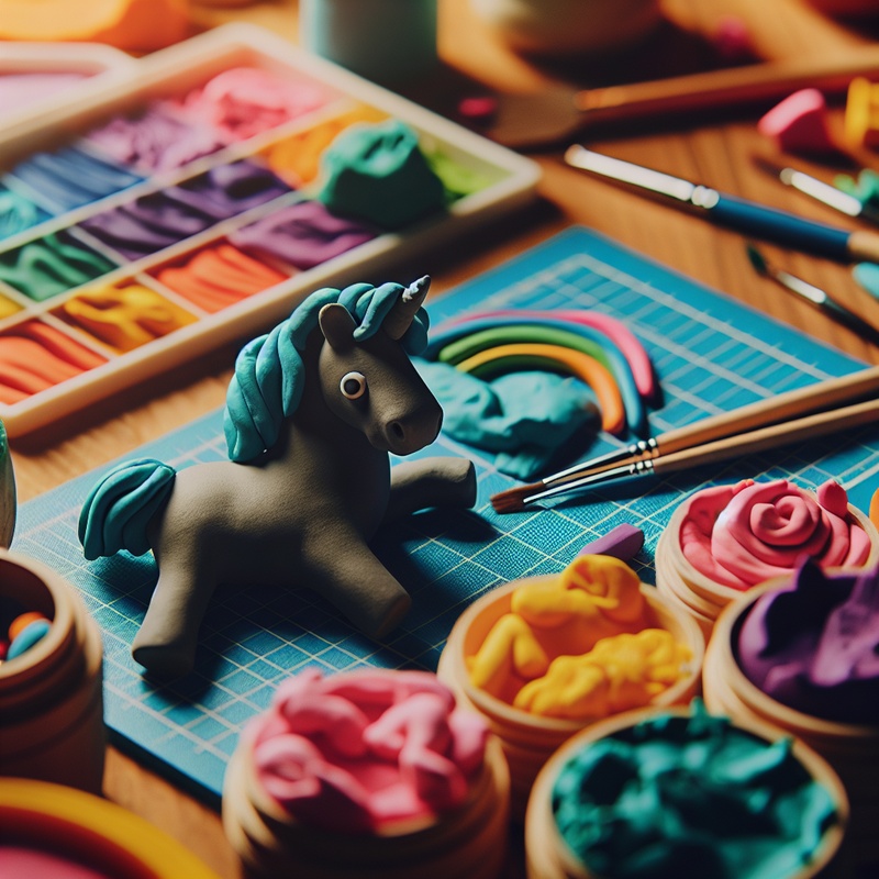 Child's sculpting workspace with colorful clay and tools.