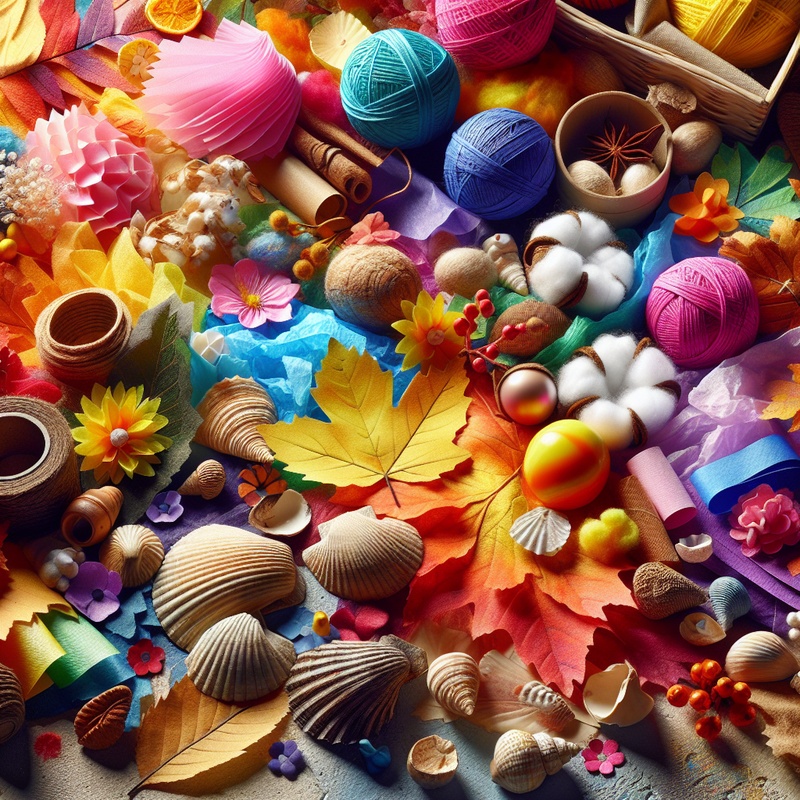 Collage of art materials like tissue paper, leaves, shells, and cotton balls.