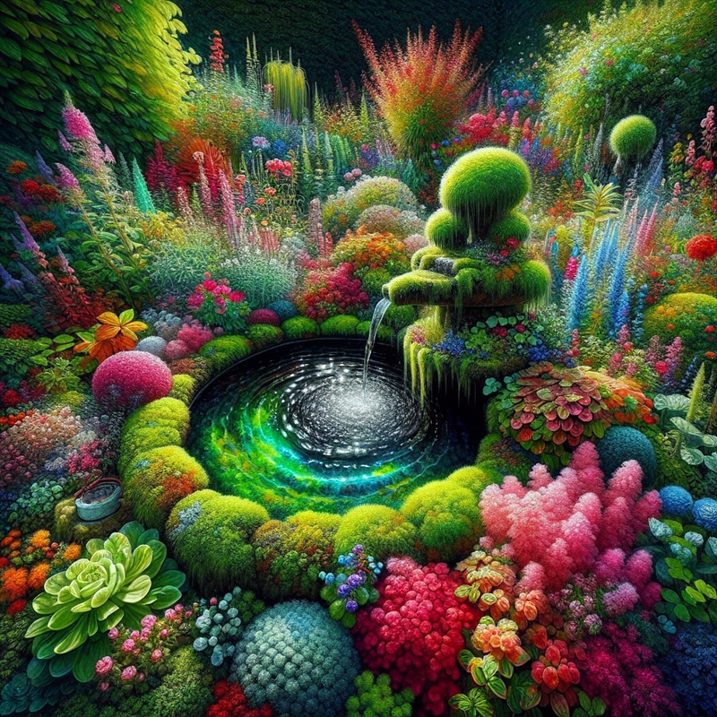 A sensory garden with various plants and a water feature.