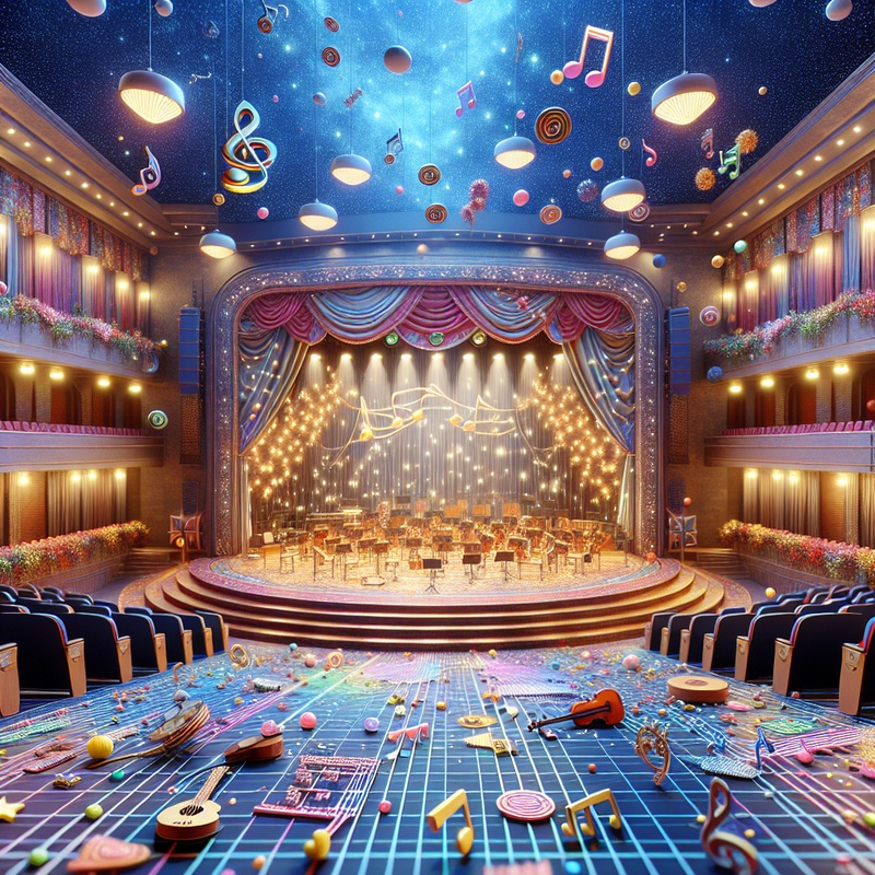 A school auditorium with stage decorations and musical instruments.