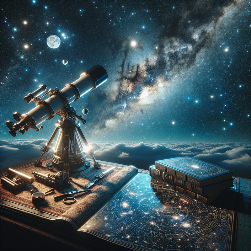 A stargazing kit with a telescope and star map under a starry sky.