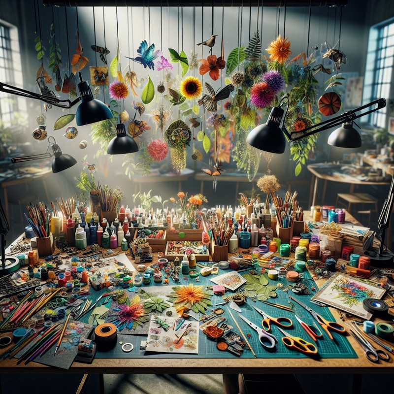 Crafting table with colorful supplies and nature-inspired crafts.