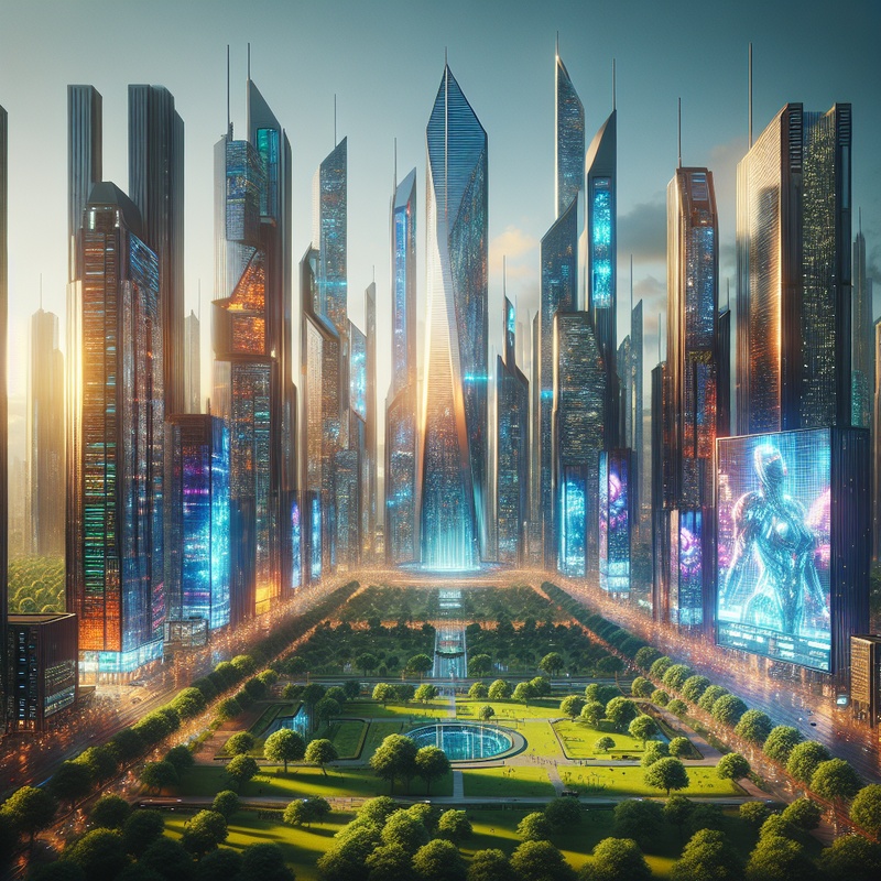 Futuristic city with skyscrapers and video game billboards.
