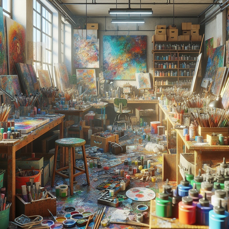 A colorful art studio with various art supplies and natural lighting.