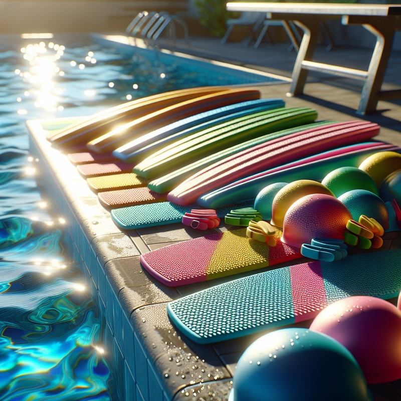 A sunlit swimming pool with colorful swim gear on the poolside.