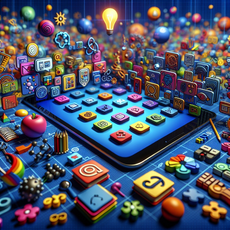 Tablet displaying educational app icons with playful, colorful animations.