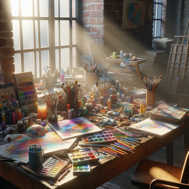 Art studio with paints, sketchbooks, and crayons on a table in sunlight.