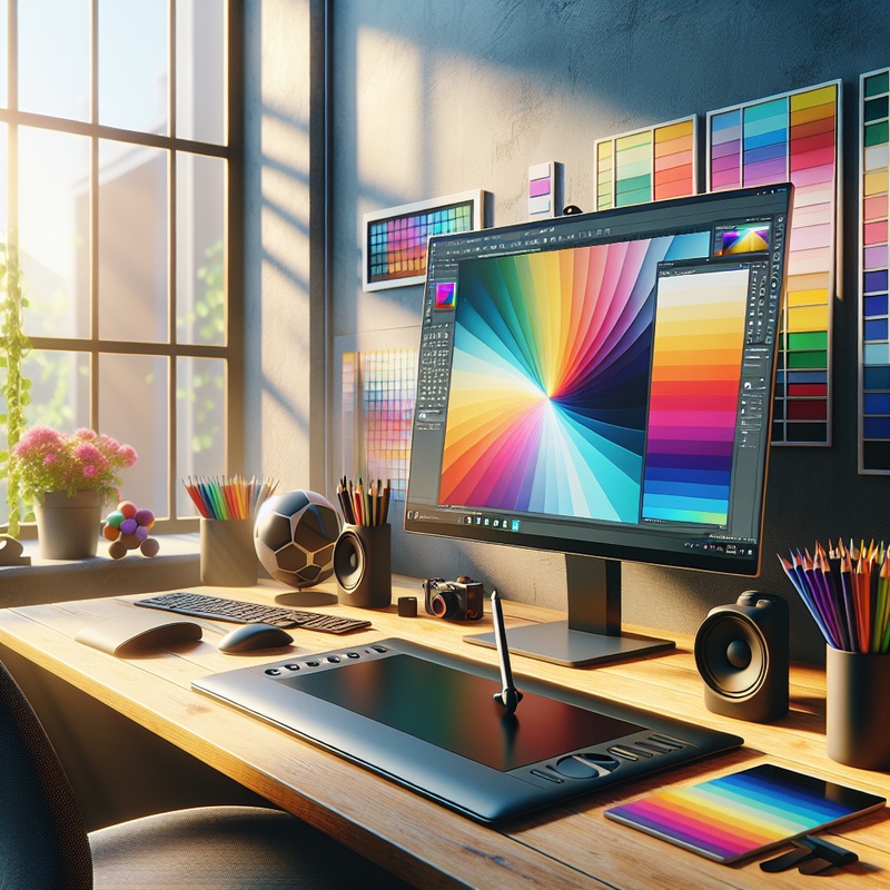 Digital art workspace with tablet, stylus, and colorful software interface on a desk by a window.