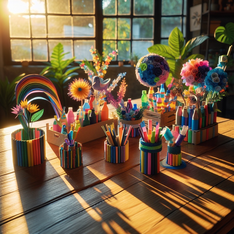 Colorful recycled crafts on a wooden table in natural light.