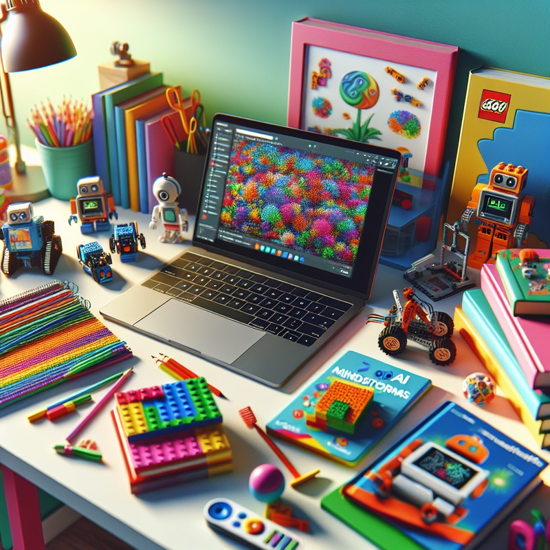 A child's desk with AI books, LEGO Mindstorms, and a laptop showing Scratch.