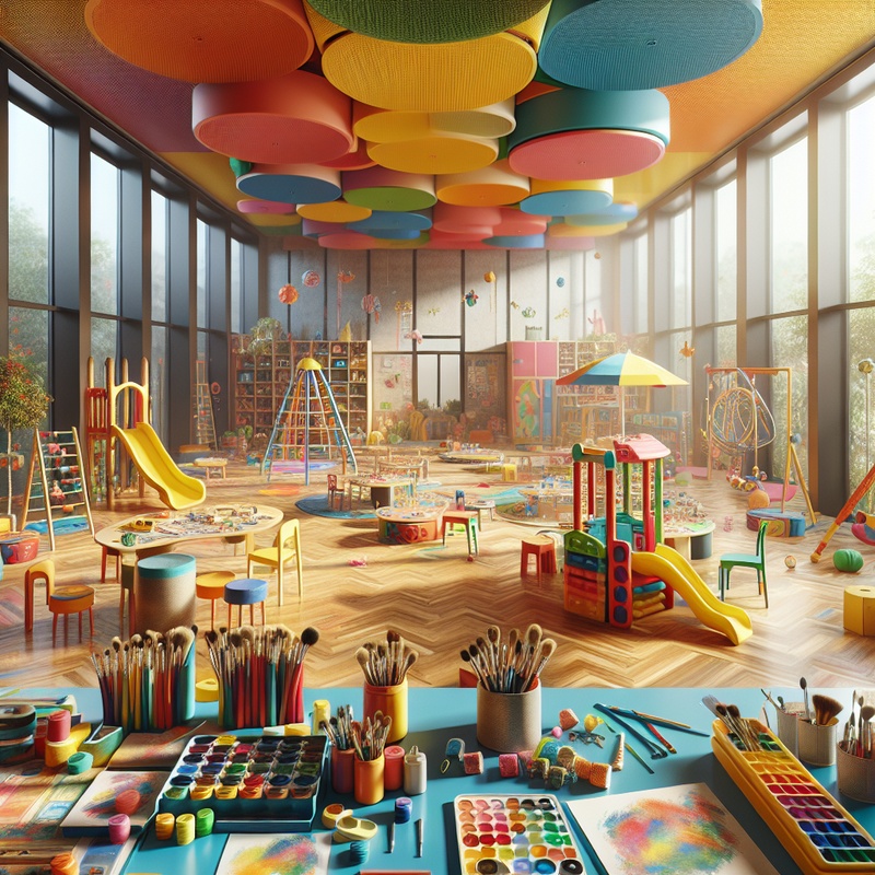 A colorful kids club room with play equipment and art supplies.