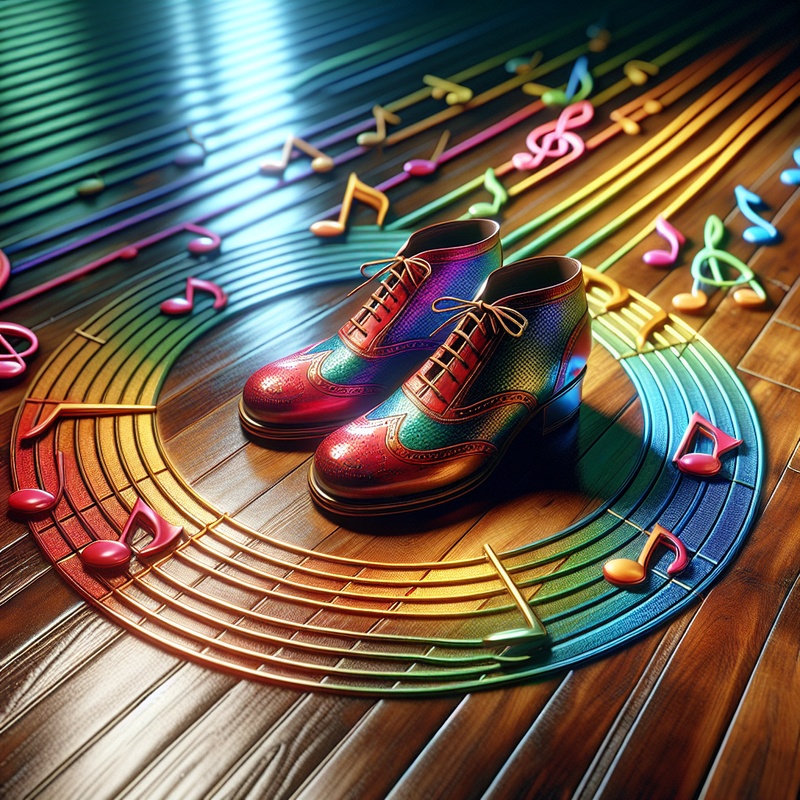 Tap dance shoes on a wooden floor with musical notes.
