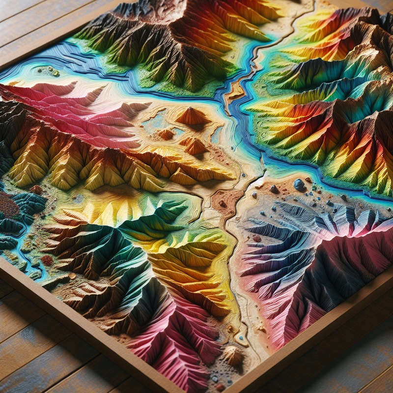 Clay topographic map with mountains and valleys on a table.