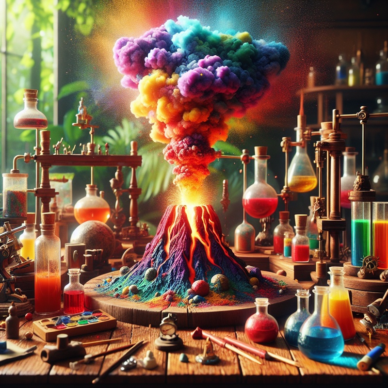 A colorful homemade volcano experiment with tools on a table.