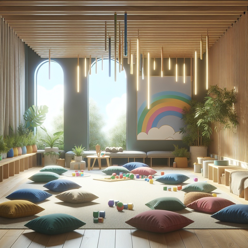 A peaceful kids' club room with soft lighting, colorful cushions, plants, and a water feature.