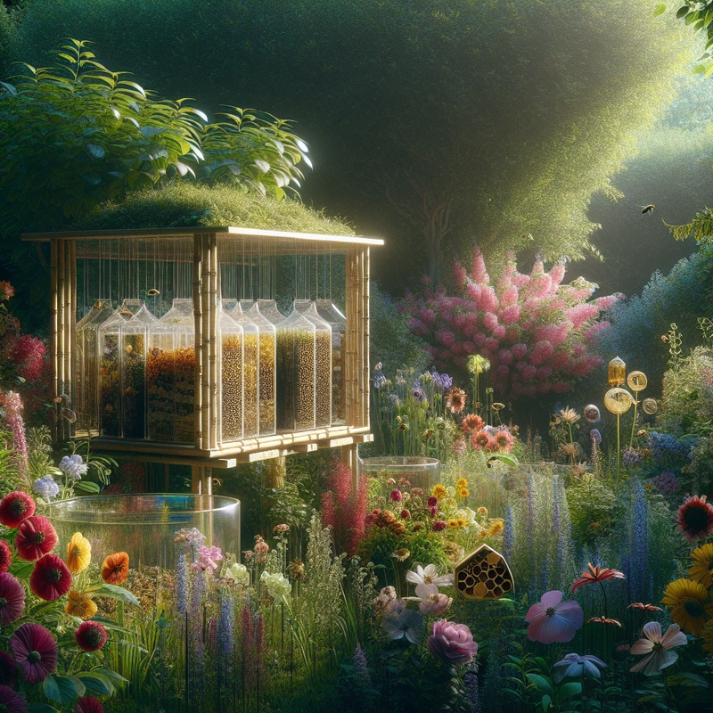 A garden with flowers, plant roots in clear containers, a bee hotel, and a terrarium.