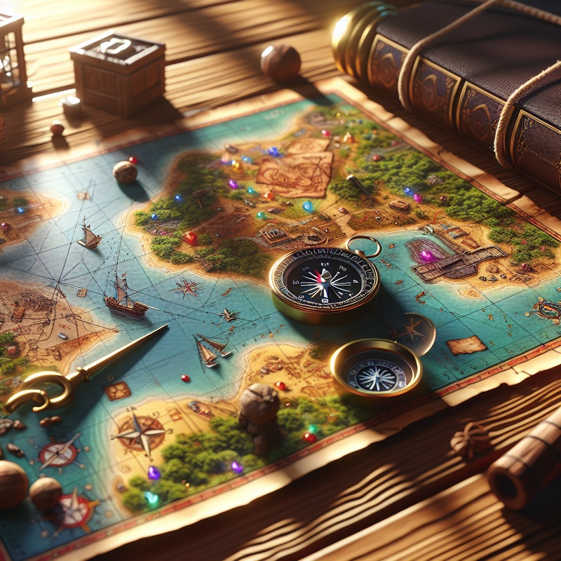 A detailed treasure map with a compass and clues on a wooden table.
