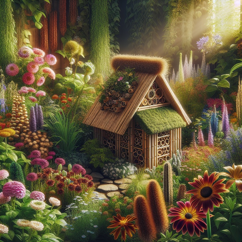 A colorful mini-garden with various plants and a bug hotel.