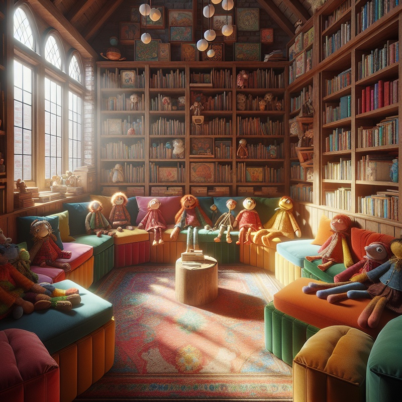A cozy nook with books, cushions, and puppets for storytelling.