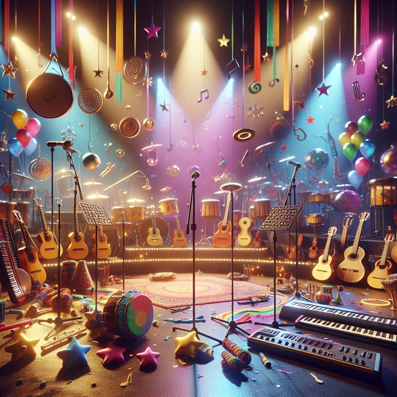 A lively stage with musical instruments and colorful decorations for a kids' music event.