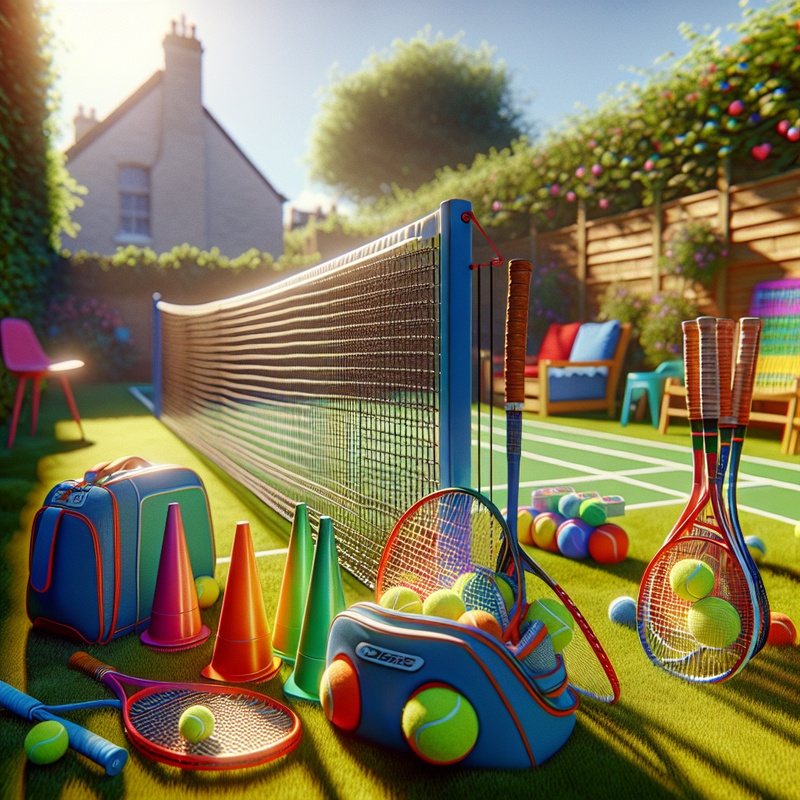 Backyard tennis setup with net, cones, and rackets.