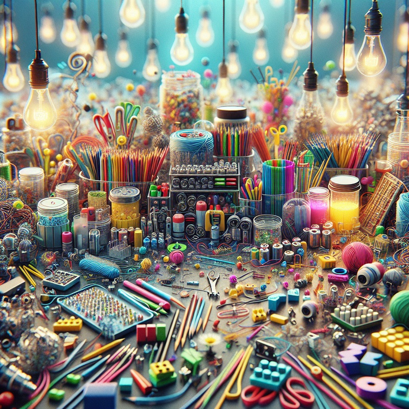 A workspace with various STEM project materials like batteries, wires, and popsicle sticks.