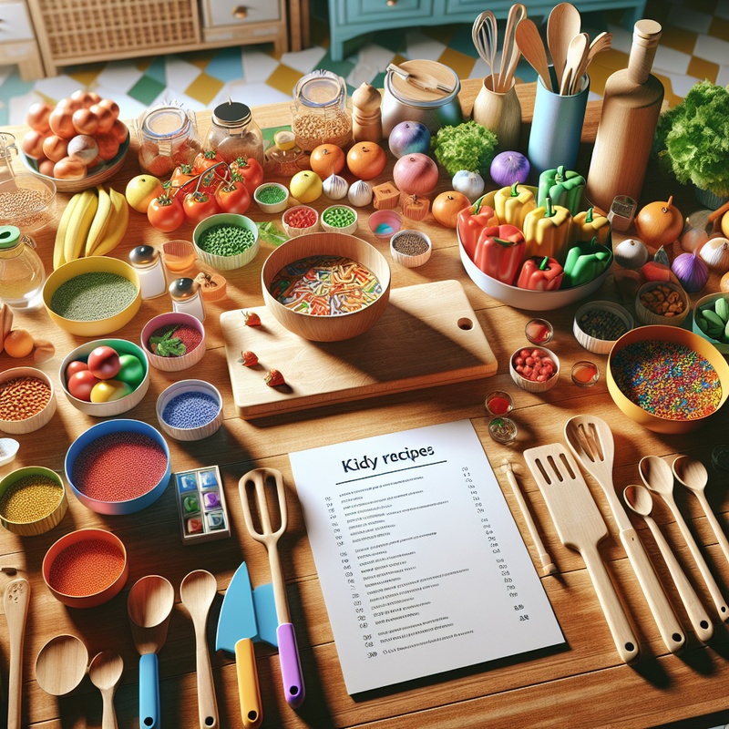 Colorful kitchen with ingredients and child-safe utensils.