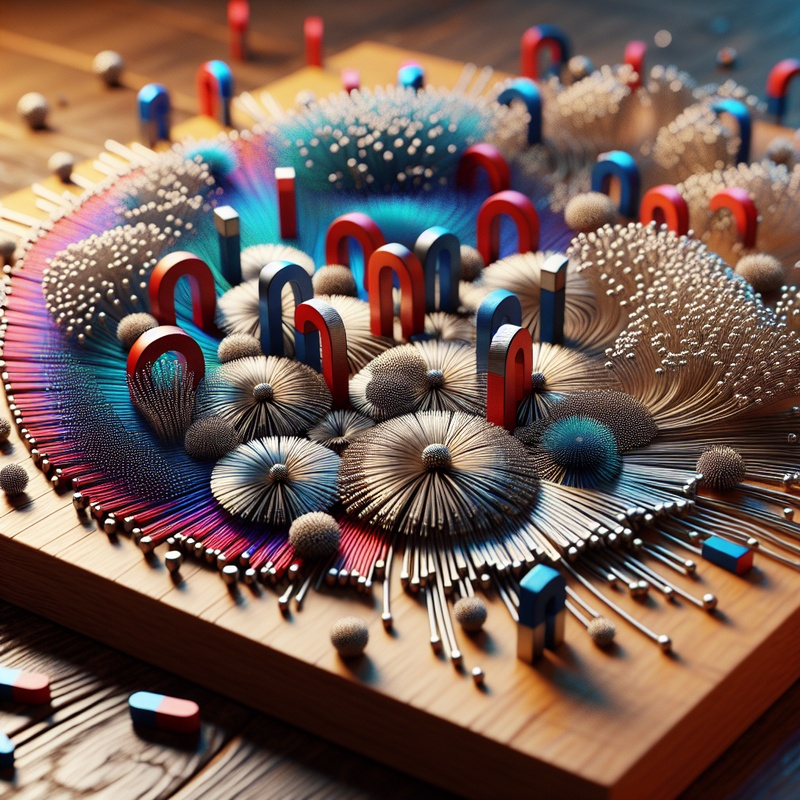 Magnets and iron filings on a table, illustrating magnetic fields.