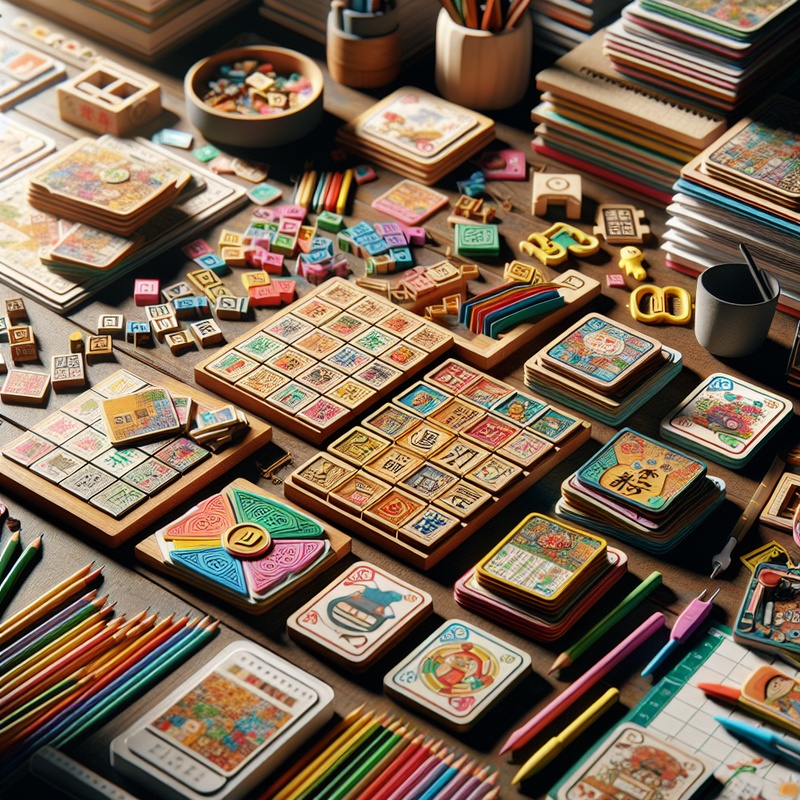 Colorful Chinese flashcards, puzzles, and charts on a table with art supplies.