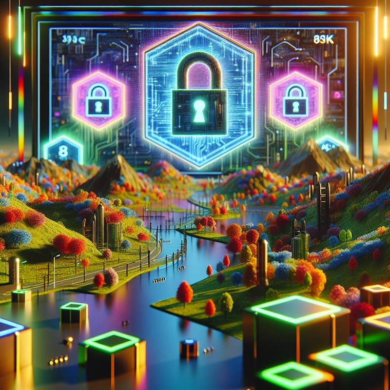 Colorful digital landscape with cybersecurity-themed elements like puzzles and locks.