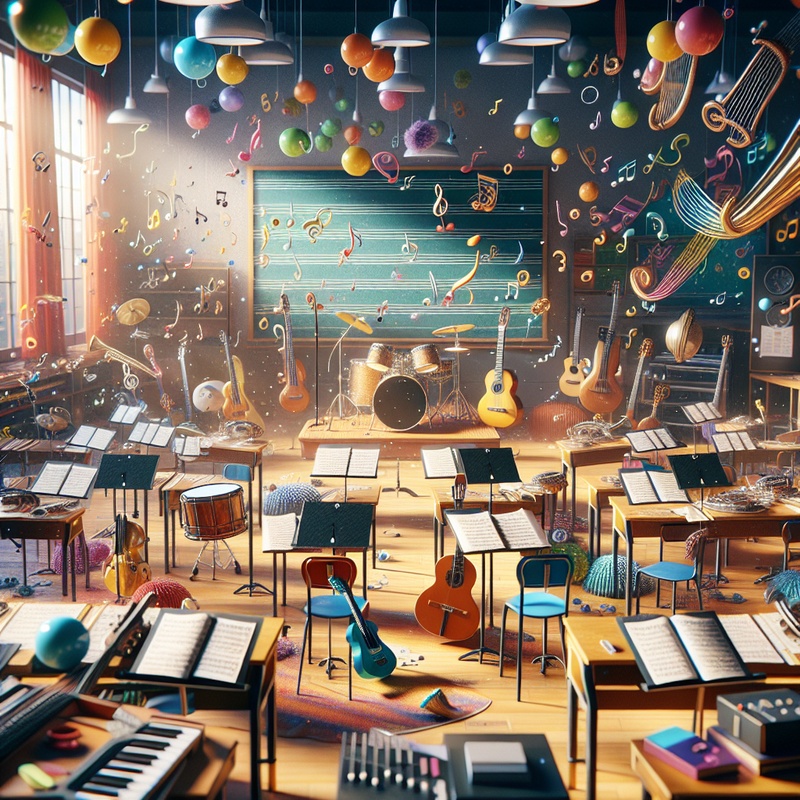 A music classroom with instruments and sheet music.