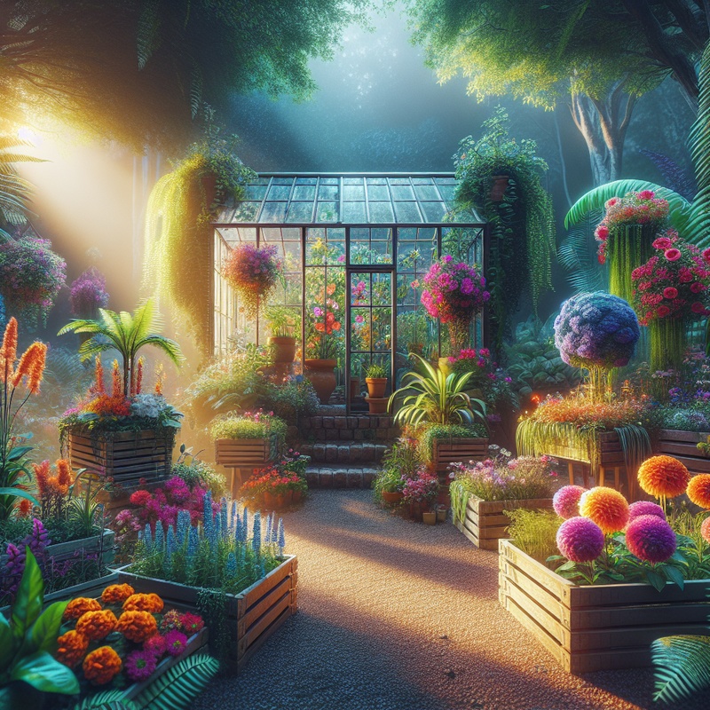 A garden with flowers, recycled planters, and a mini greenhouse.