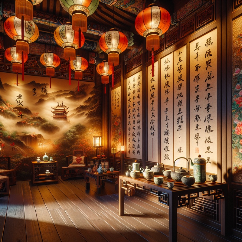Room with Chinese lanterns, calligraphy, traditional art, and a tea station.