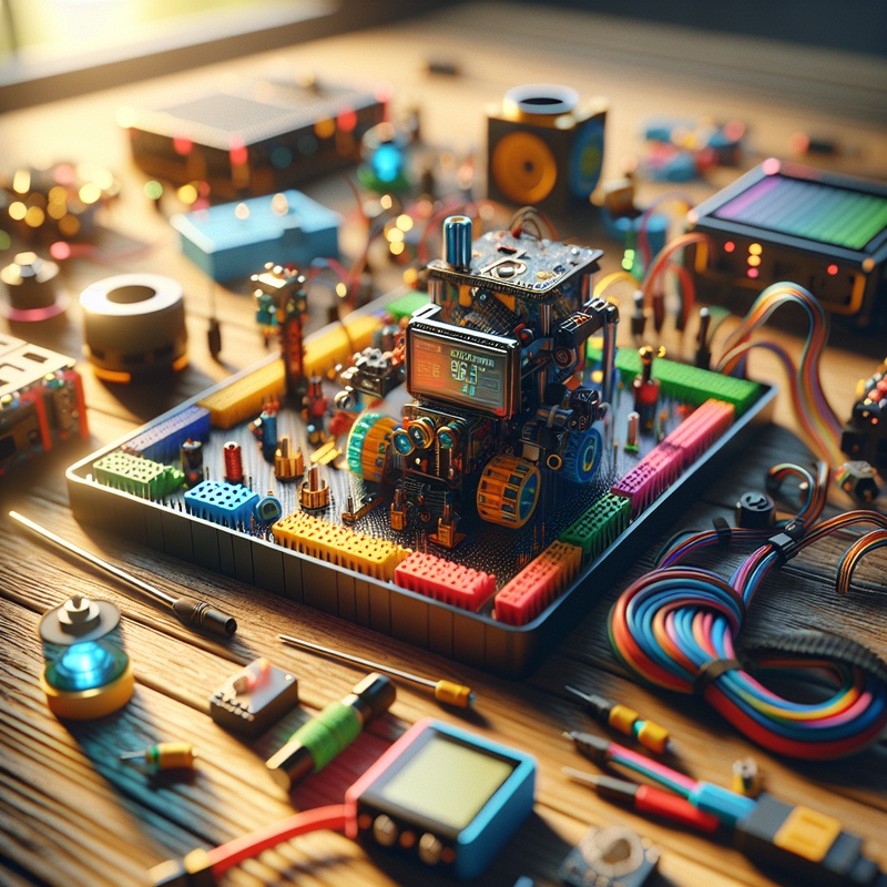 A colorful robotics kit with sensors and motors on a table.
