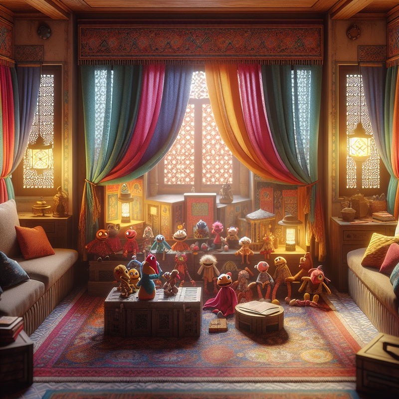 A mini-theater with colorful curtains and puppets in a playroom.