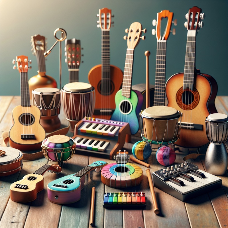 Various colorful musical instruments like ukulele, glockenspiel, guitar, keyboard, bongos, recorder, violin, and harmonica on a table.