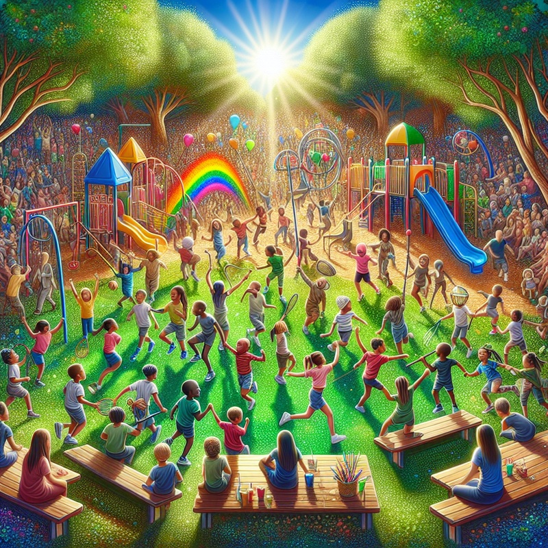 Playground with children playing, colorful equipment, greenery, and blue skies.