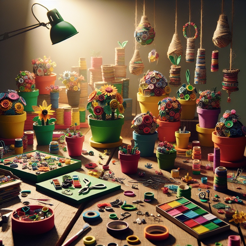 Eco-friendly crafts made from recycled materials on a table.