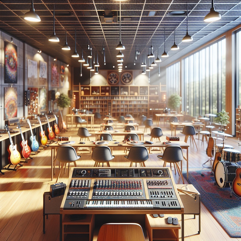 Colorful music workshop setup with various instruments in a bright community center.