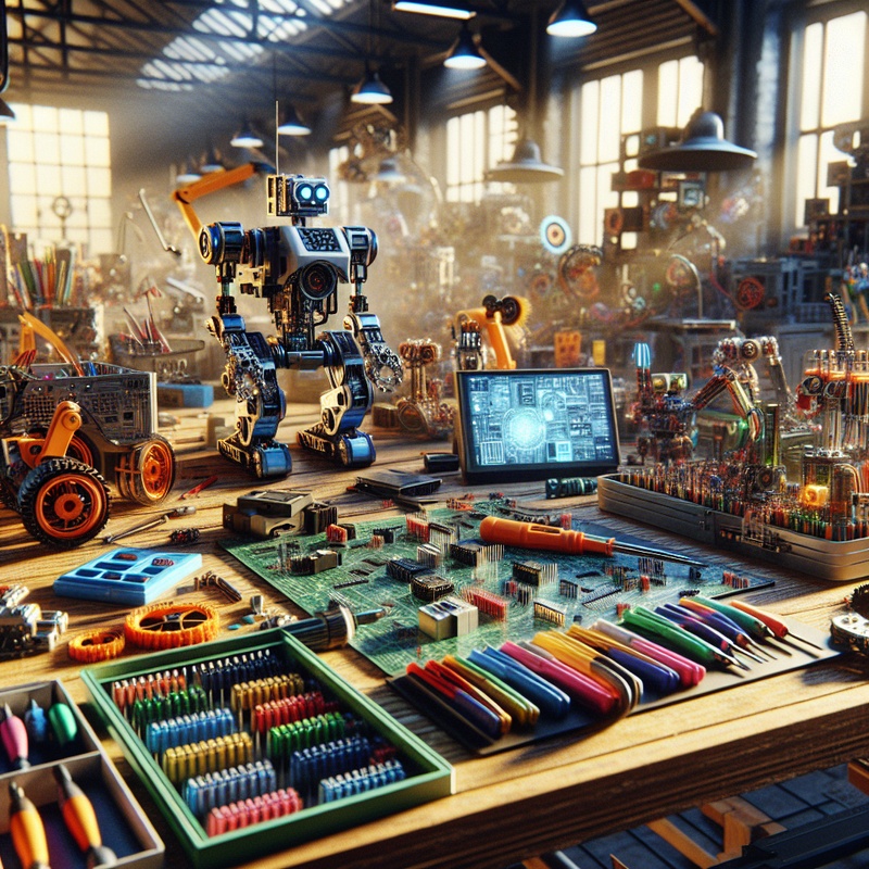 A robotics workshop with robot kits and tools on a table.