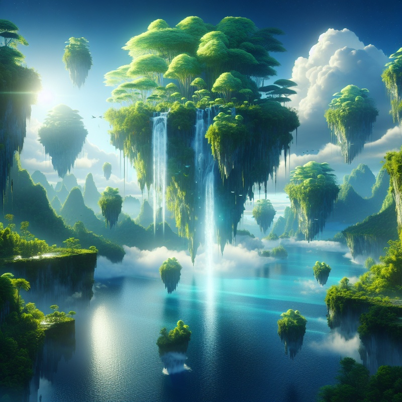 A colorful fantasy landscape with floating islands and a waterfall.