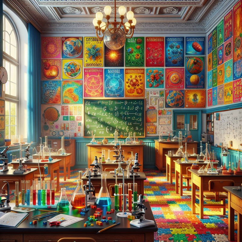 A classroom filled with educational posters, science tools, and math puzzles.