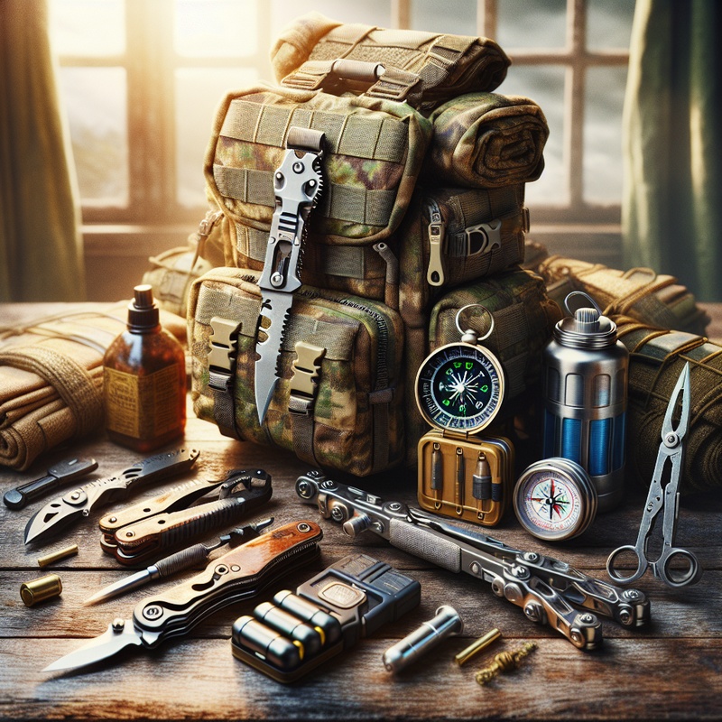 Survival gear including a backpack, multi-tool, compass, and first aid kit on a wooden table.