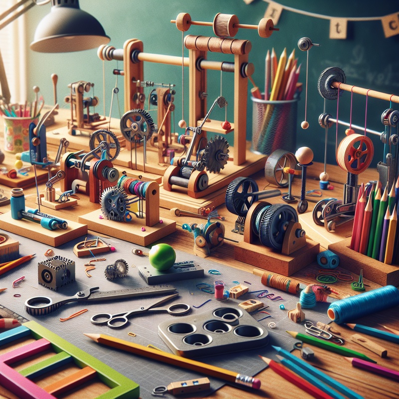Desk with simple machines made from household items.