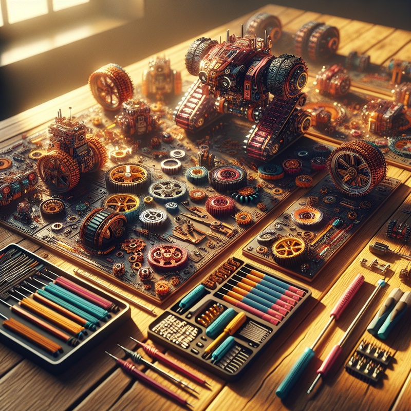 Colorful robotics kits with gears and circuits on a table.